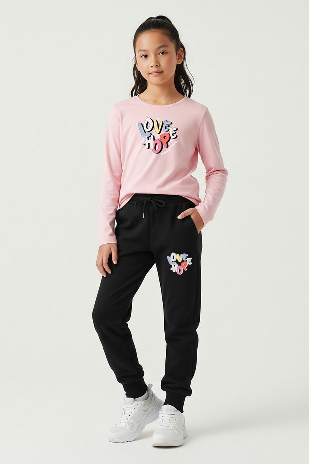 Round Neck Love Hope Print Detail Girl's Top-Bottom Set