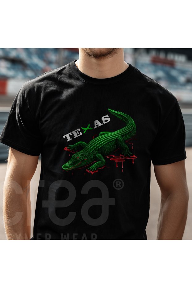 Texas Crocodile Design Printed Cotton Crew Neck T-Shirt Black