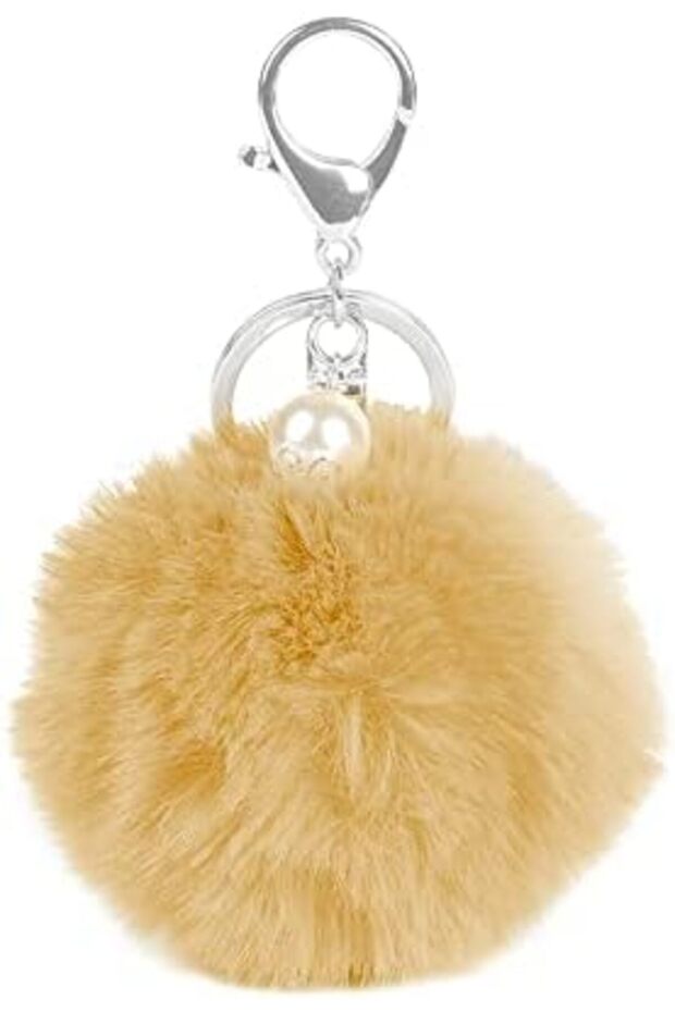 Pompoms Keychain Soft Fluffy Faux Fur Ball with Gold Plated Keyring Handbag Backpack Hanging