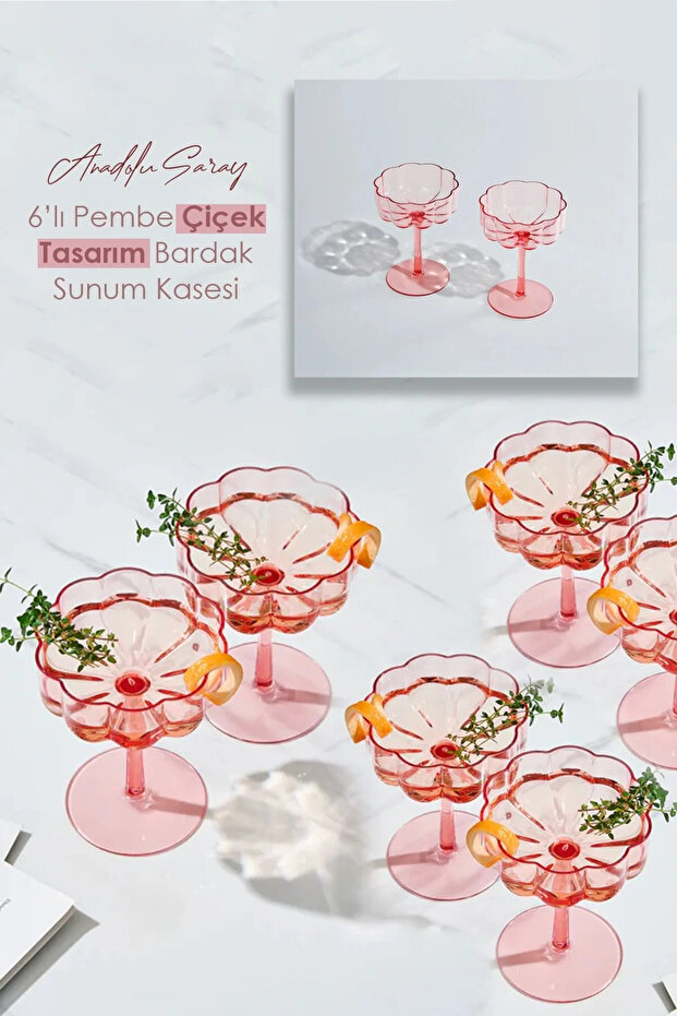 6 Adet Çiçek Pembe Şekilli Kahve Sunum ve Kokteyl Bardağı Magnolia Bardağı ve Tatlı Kasesi - 2