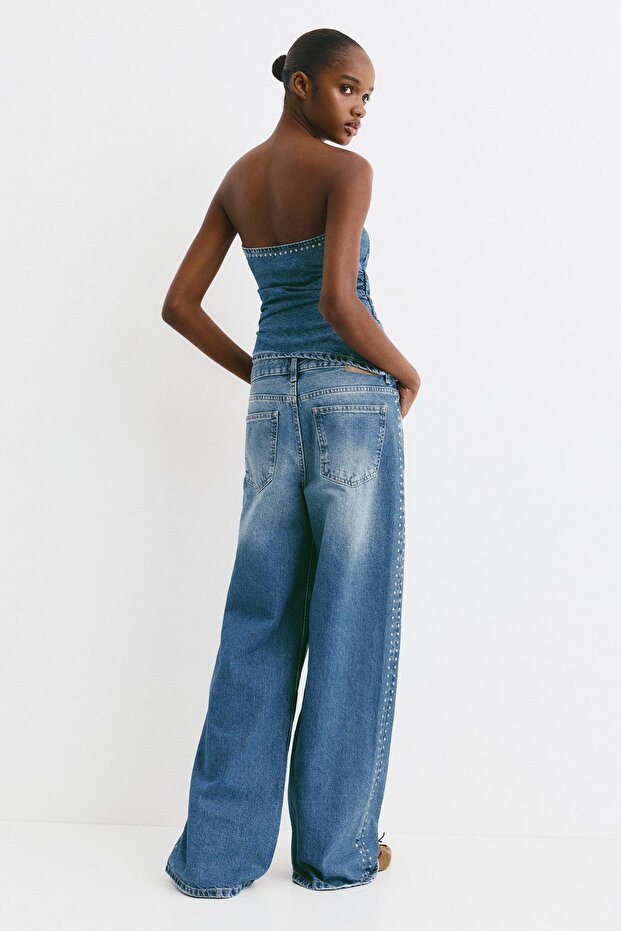 Zımbalı düşük bel geniş paça jean - 5