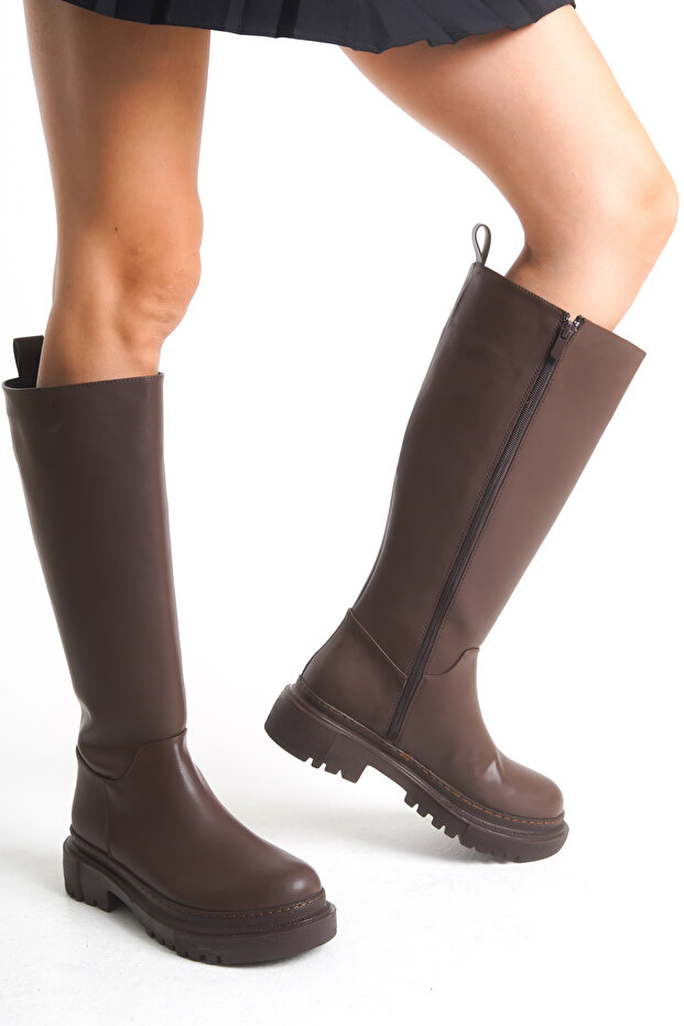 Stride Brown Leather Thick Sole Side Zipper Women's Boots