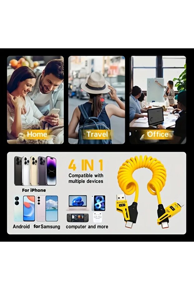 65W Çoklu 4in1 USB Type-C ve Lightning Spiral Şarj ve Data Kablosu 1.5m - 9