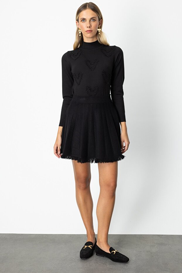 Püsküllü Mini Triko Etek - 1