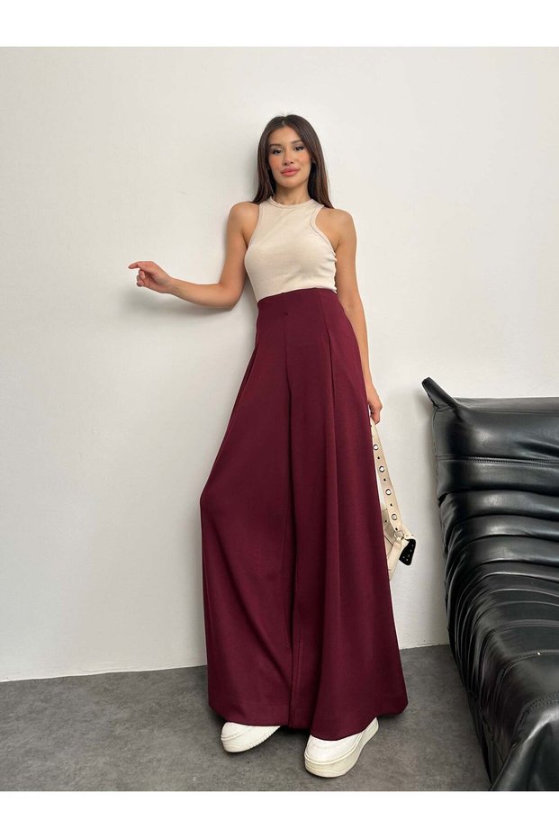High Waist Pleated Detail Wide Leg Pants 8909 - Burgundy