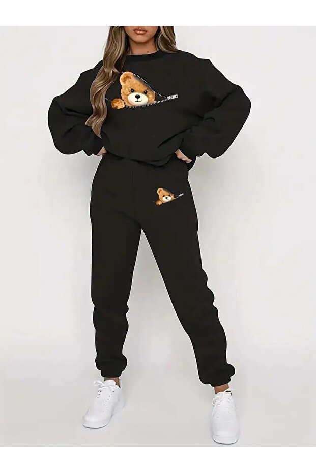 Women's Crew Neck Zipper Cute Bear Printed Bottom Top Gray Black Tracksuit Set
