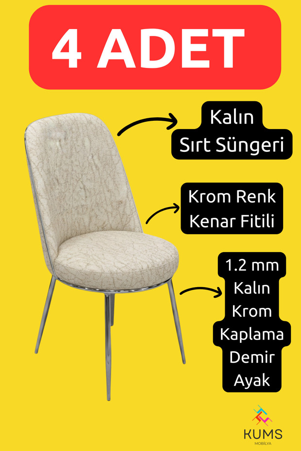 4 Adet Mutfak Sandalyesi Krom Kaplama Demir Ayak 1. Sınıf Jerry Kumaş Fitilli - 1