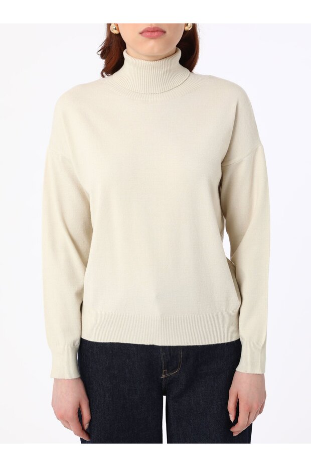 Yumuşak Tuşeli Basic Bağazlı Triko Kazak - Krem - - 4