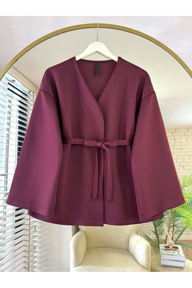 New Season Burgundy Belted Scuba Jacket Kimono Tunic Oversize Trend Comfortable Modern Modest Fashionable Combination