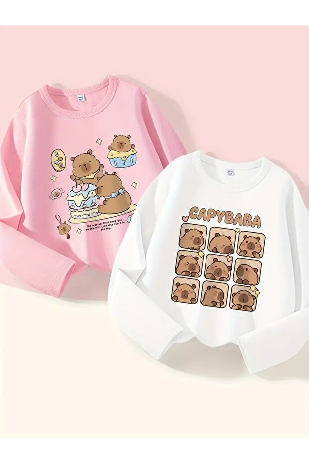 Girl's 2-Pack Little Capybara Printed White-Pink Crew Neck Sweatshirt