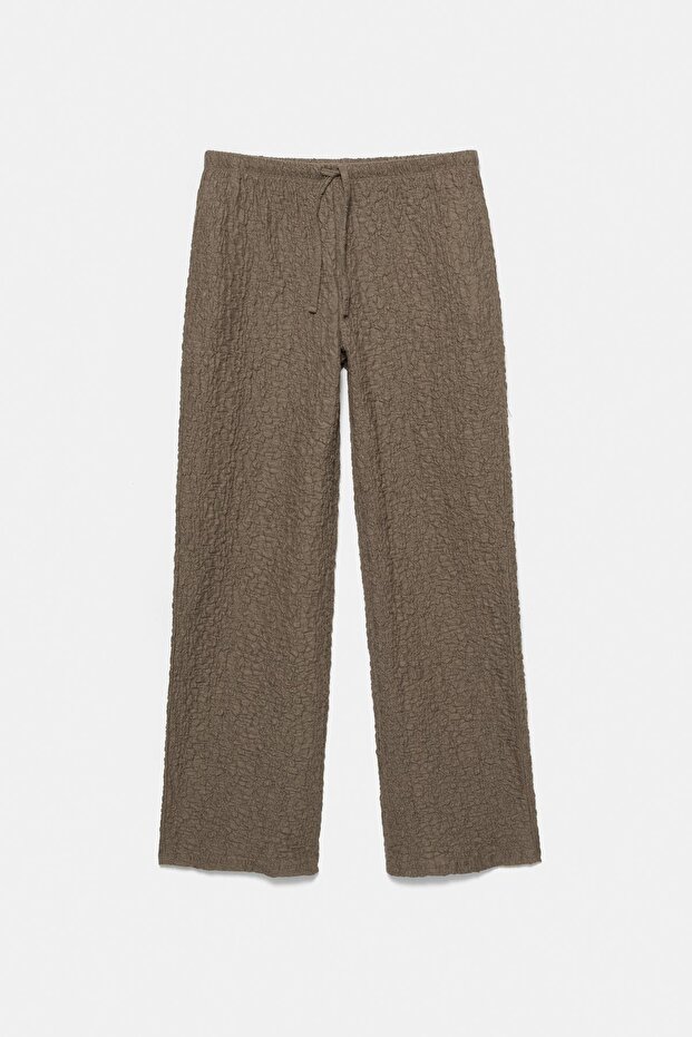 Buruşuk görünümlü geniş paça pantolon - 5