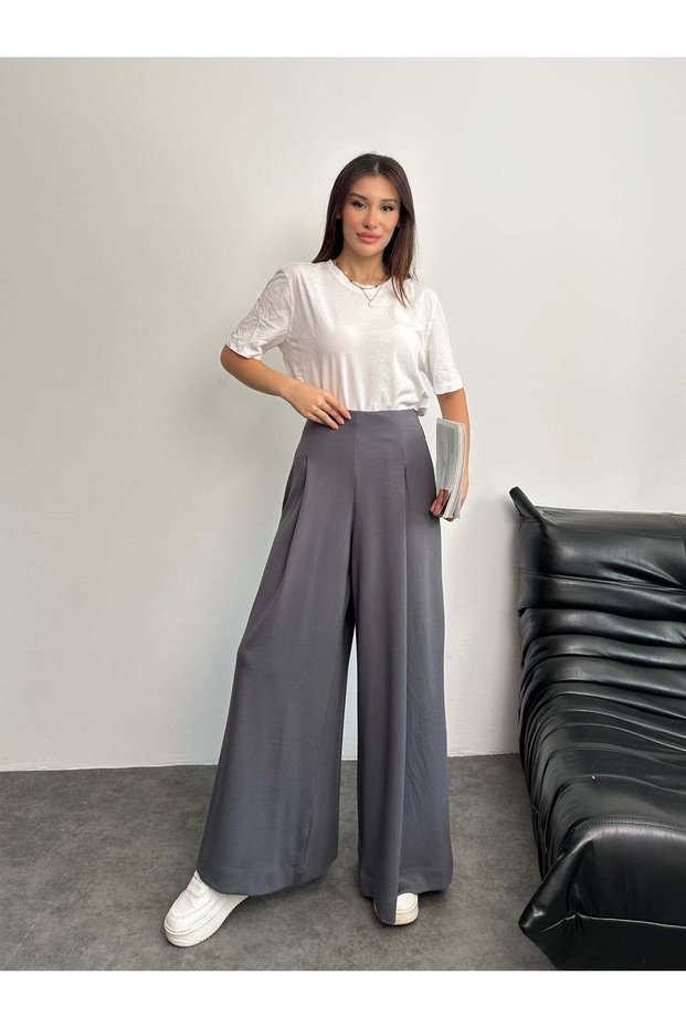 High Waist Pleated Detail Wide Leg Pants 8909 - Anthracite