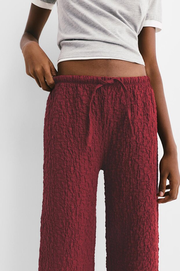 Buruşuk görünümlü geniş paça pantolon - 5