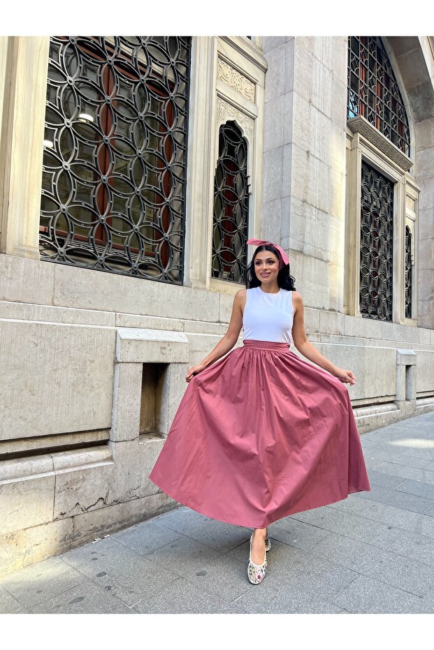 Gül Kurusu Kloş Poplin Etek - 5