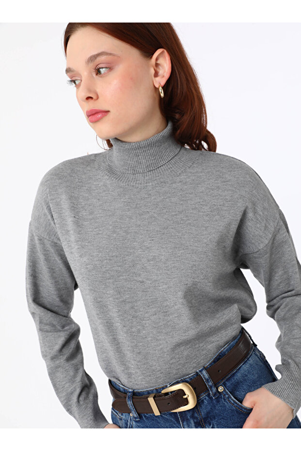 Yumuşak Tuşeli Basic Bağazlı Triko Kazak - Gri - - 4