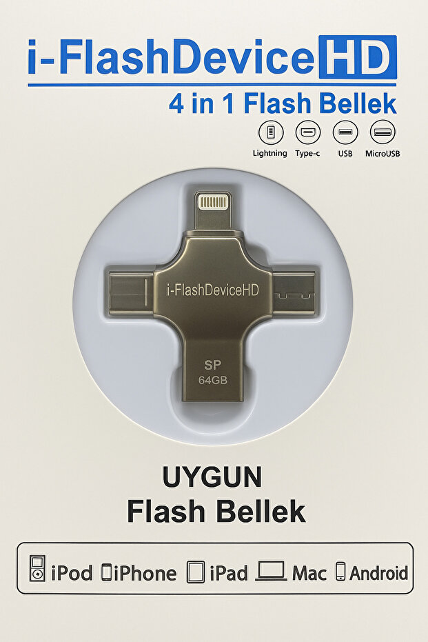 4'ü 1 Arada 64GB Flash Bellek Lightning + Type-C + USB + MicroUSB Çoklu Bağlantı - 1