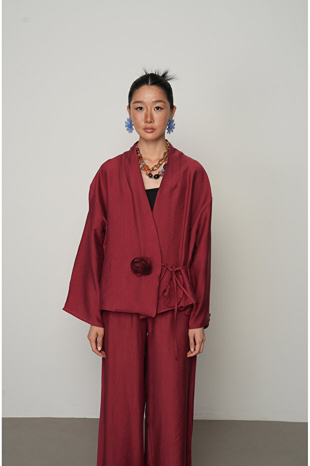 Women's Rose Detailed Side Tie Solid Color Kimono-Jacket