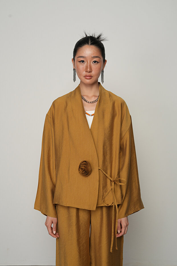 Women's Rose Detailed Side Tie Solid Color Kimono-Jacket