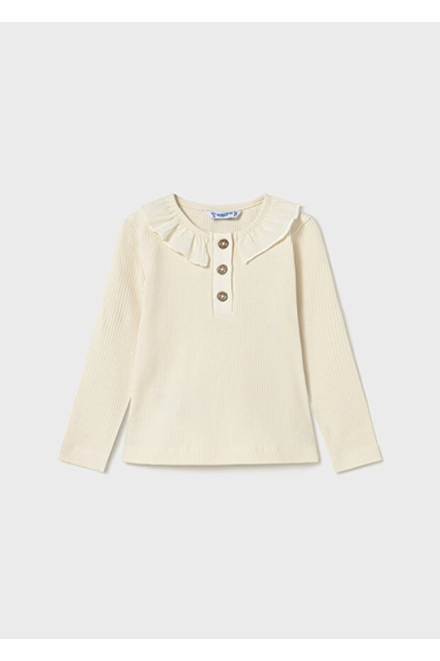 Cream Ruffle Collar Ribbed Polo T-Shirt 2112