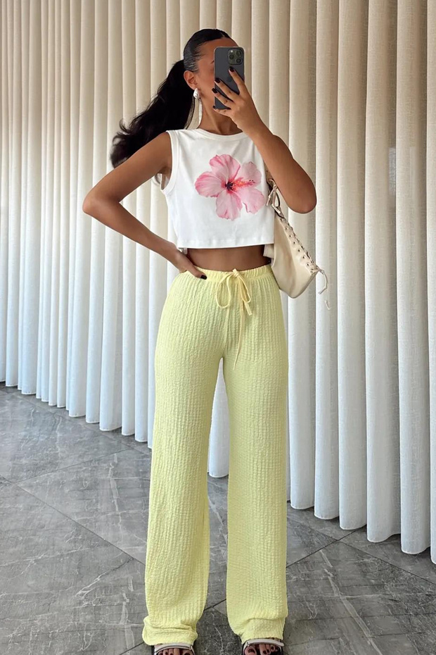 Women's Textured High Waist Lace-Up Trousers – Summer Relaxed Fit