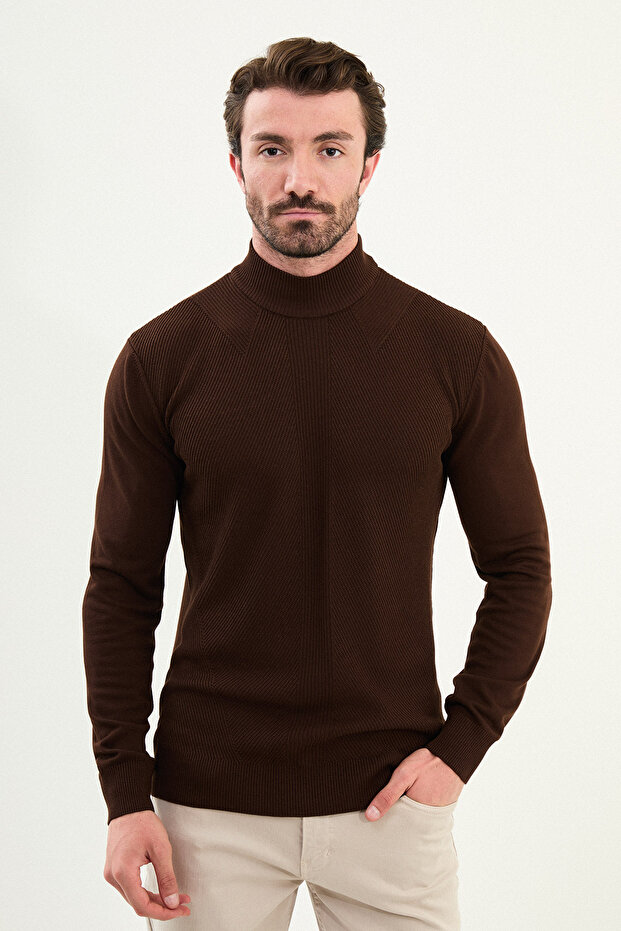 Striped Slim Fit Half Turtleneck Men's Knitwear Sweater Brown - 11568.25K