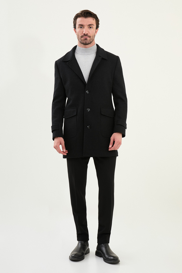 Straight Slim Fit Bag Pocket Wide Collar Wool Men's Coat Black - 21323.25K