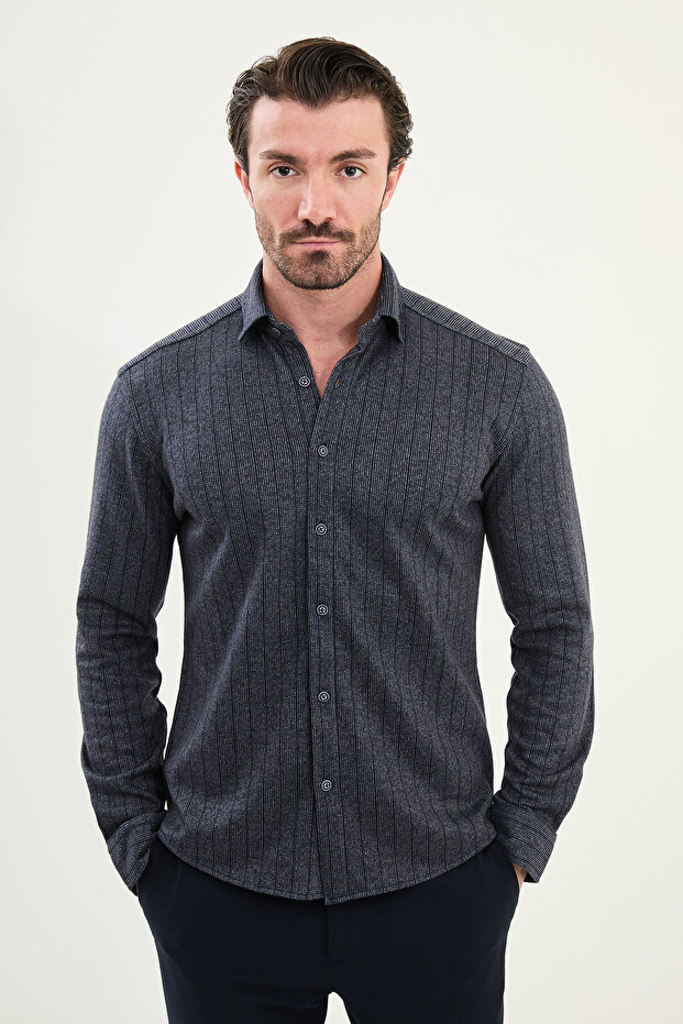 Striped Slim Fit Long Sleeve Lumberjack Wool Men's Shirt Navy Blue-Beige - 27099.25K