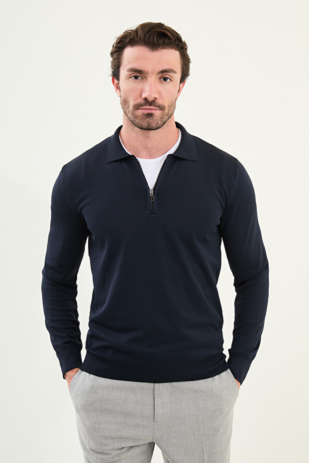 Plain Slim Fit Zippered Polo Collar Men's Knitwear Sweater Navy Blue - 11560.25K