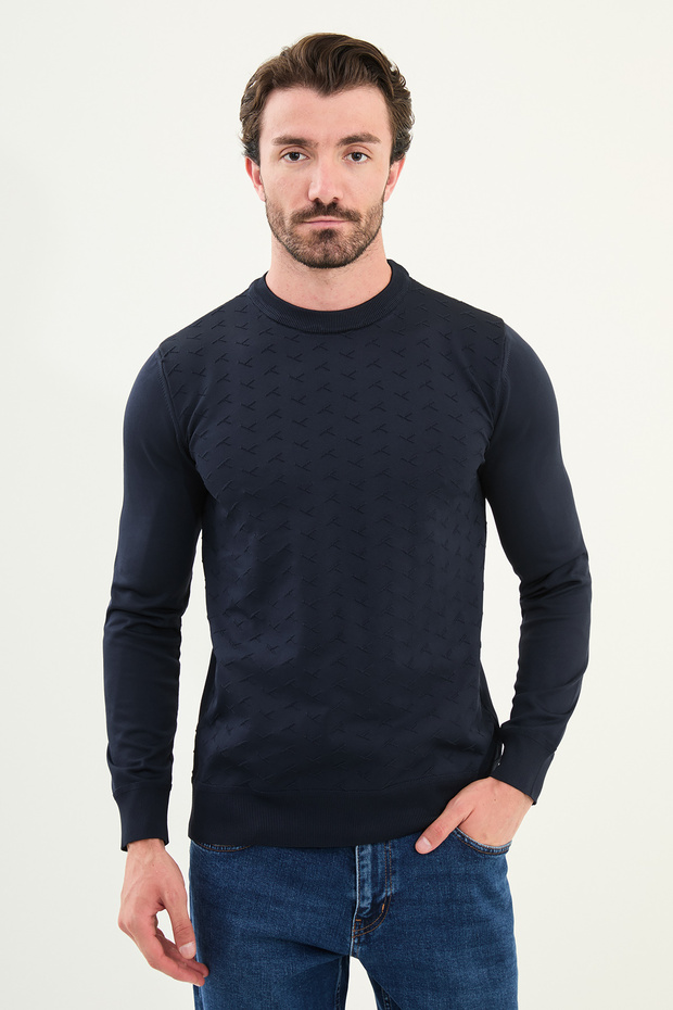 Patterned Slim Fit Crew Neck Men's Knitwear Sweater Navy Blue - 11566.25K