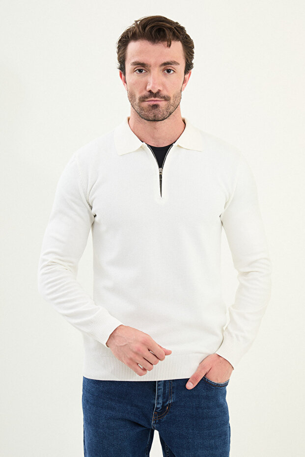 Patterned Slim Fit Zippered Polo Neck Men's Knitwear Sweater Ecru - 11565.25K
