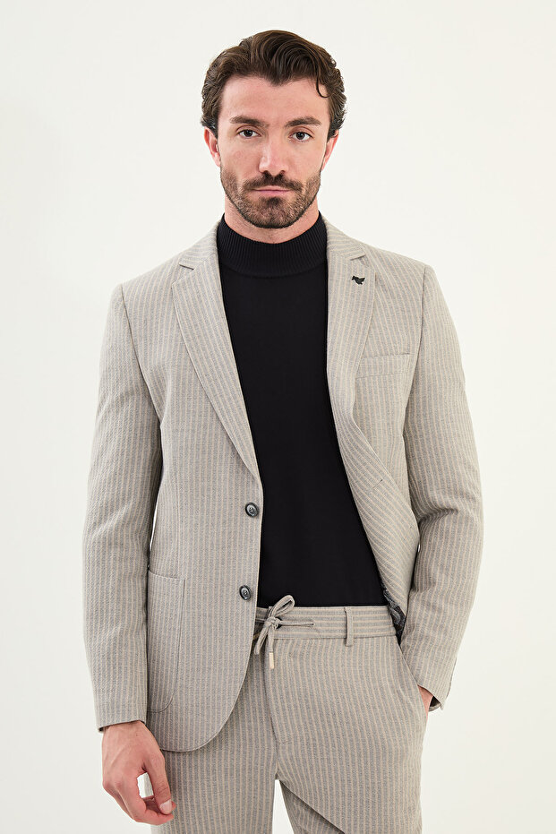 Striped Slim Fit Bag Pocket Mono Collar Men's Jacket Beige - 41460.25K