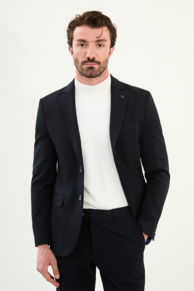 Straight Slim Fit Mono Collar Classic Wool Men's Suit Navy Blue - 45410.25K