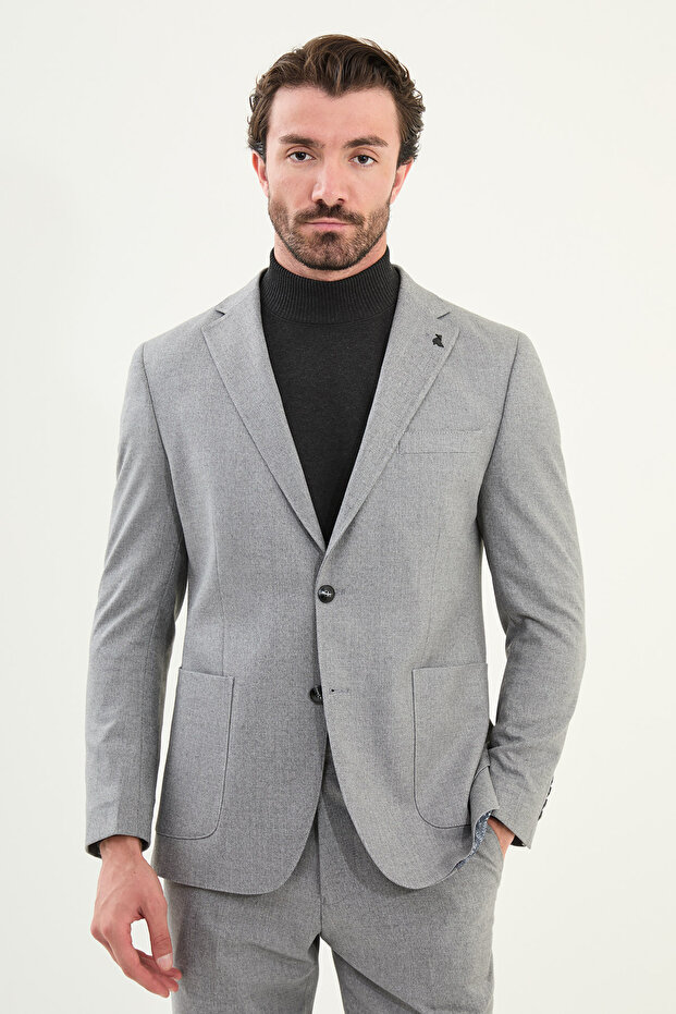 Gray Slim Fit Bag Pocket Mono Collar Wool Men's Suit - 45414.25K