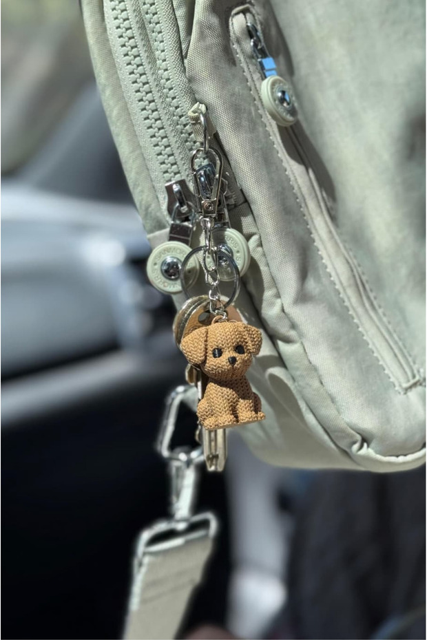 Knitted Patterned Brown Hard Plastic Dog Keychain, Car Ornament, Bag Accessory, Decor, Gift