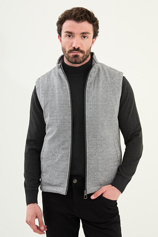 Gray Slim Fit Stand Collar Men's Vest Black - 40946.25K