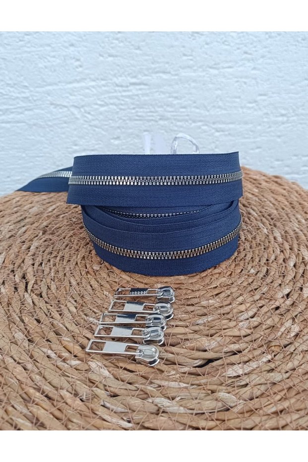 Navy Blue T6 Silver Tooth Bone Zipper Silver Head - 5 Meters Zipper - 5 Heads