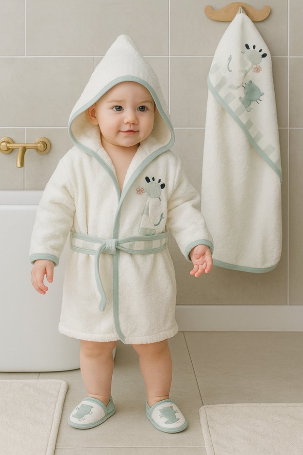 Giraffe Patterned Baby Towel Bathrobe Set Organic Antibacterial - Baby Birth Gift