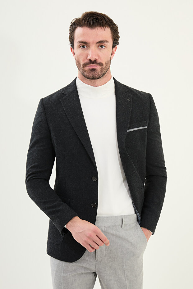 Plain Slim Fit Mono Collar Wool Men's Jacket with Pocket Detail Black - 41464.25K