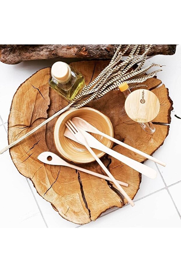 4 Piece Wooden Spoon Kitchen Set Wooden Spoon Fork Spatula 30 cm - Natural