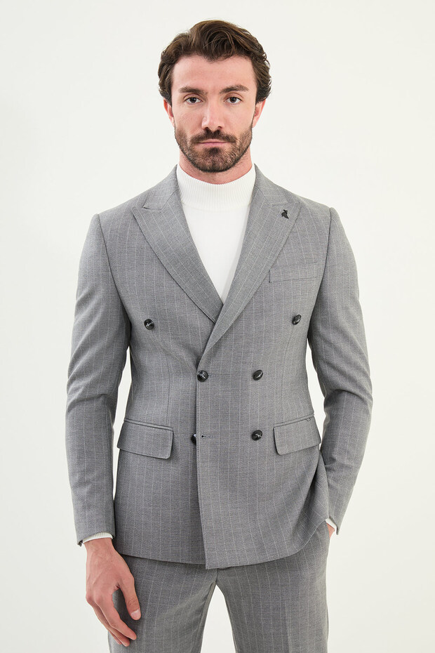 Striped Slim Fit Wide Collar Double Breasted Men's Suit Gray - 45409.25K