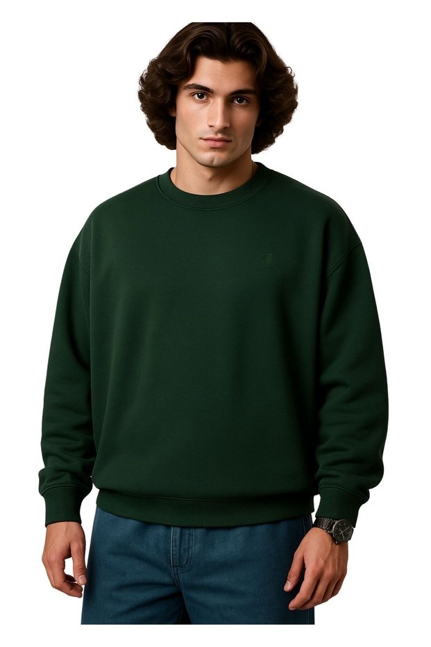 Men's Large Size Suitable for 122 kg - 158 kg Wide Fit Crew Neck Cotton Thessaloniki Sweatshirt Green