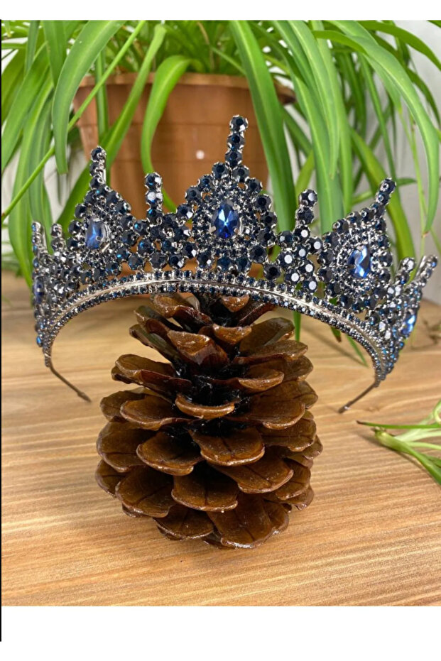 Santa Mina Navy Blue Color Crystal Stone Elegant Bridal Crown Hair Accessory