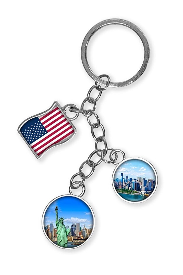 Usa Triple Epoxy Metal Double Sided Drop Keychain Usa