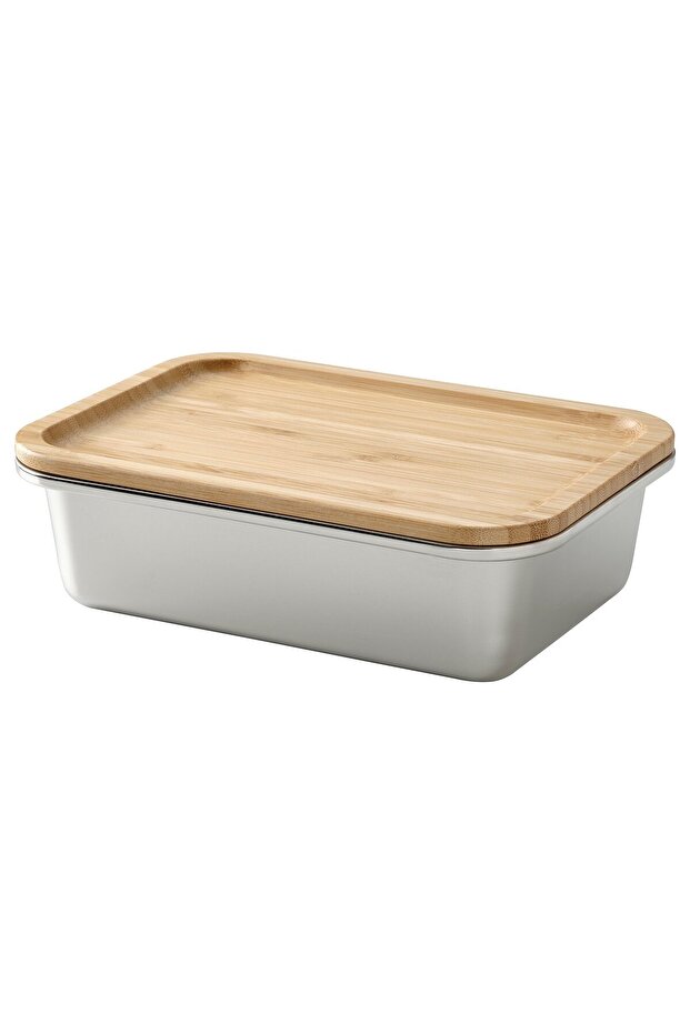 365+ Food container with lid, rectangular stainless steel/bamboo, 1.0 l