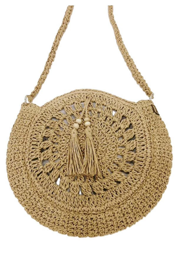 Tasarım El Örgüsü Kağıt Ip Oval Baget Omuz Çantası ( Renk Hasır ) - 2