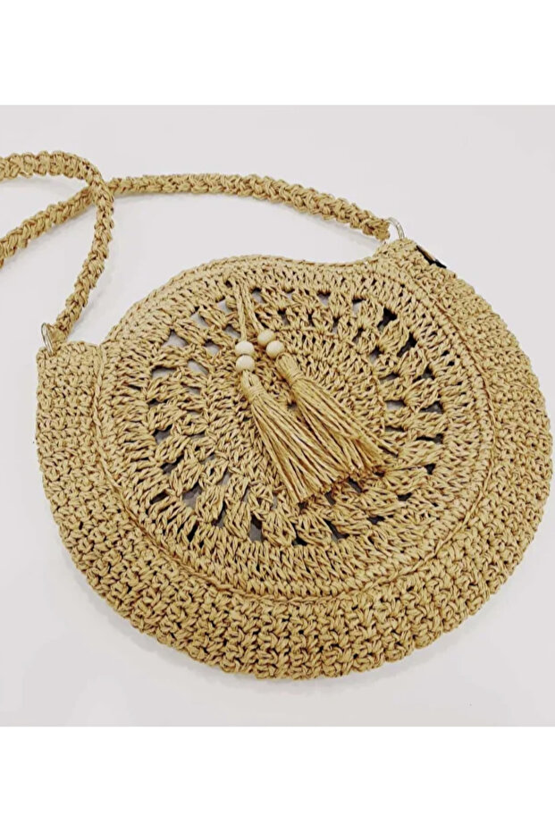 Tasarım El Örgüsü Kağıt Ip Oval Baget Omuz Çantası ( Renk Hasır ) - 1