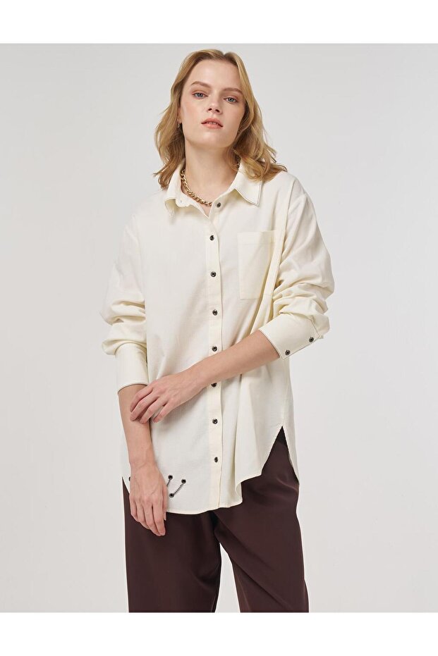 Zincir Detaylı Kadife Tunik Ekru - 1