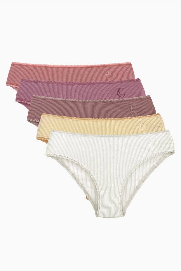 Boxed 5-Piece Ribbed Bikini Panties Set with Embroidery Detail