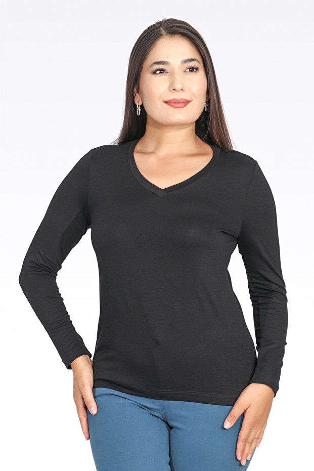 11105 Black V-Neck Long Sleeve T-Shirt