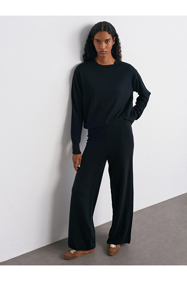 70163 Elastic Waist Wool Knitwear Trousers-Black